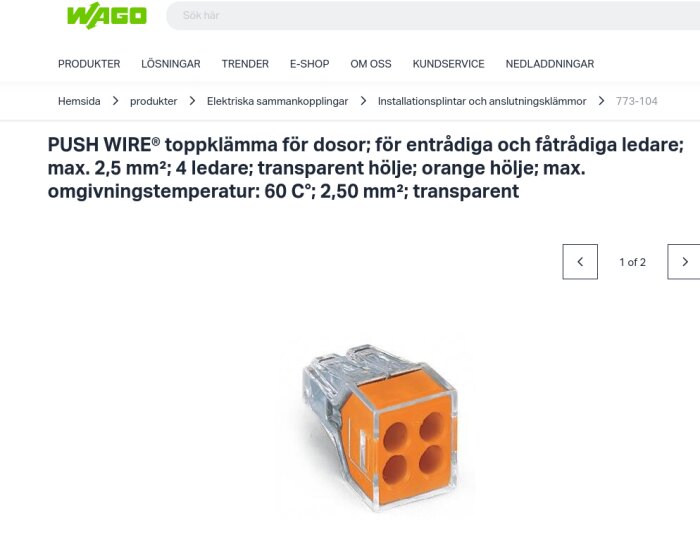 Wago Push Wire toppklämma för dosor, med transparent och orange hölje, för entrådiga och fåtrådiga ledare, max 2,5 mm², 4 ledare.