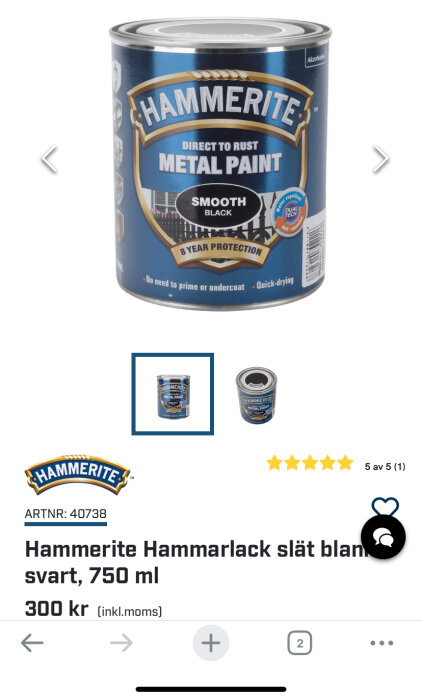 En burk Hammerite Hammarlack slät svart metallfärg, 750 ml, visas i produktbild. Texten säger att den ger 8 års skydd och kostar 300 kr.