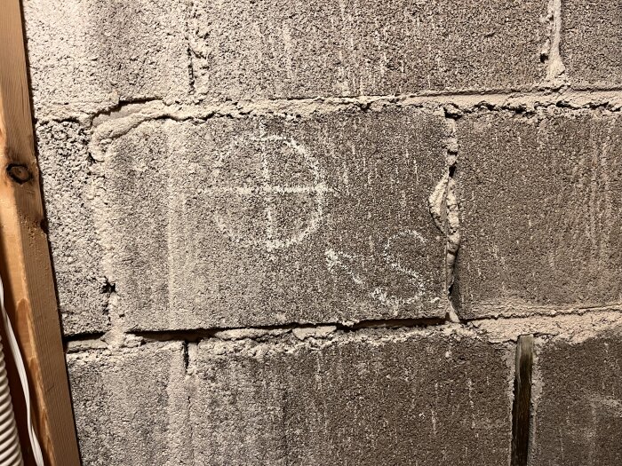 Murad vägg med kritmarkeringar: cirkel med kors inuti och bokstäverna ”D” och ”S”.