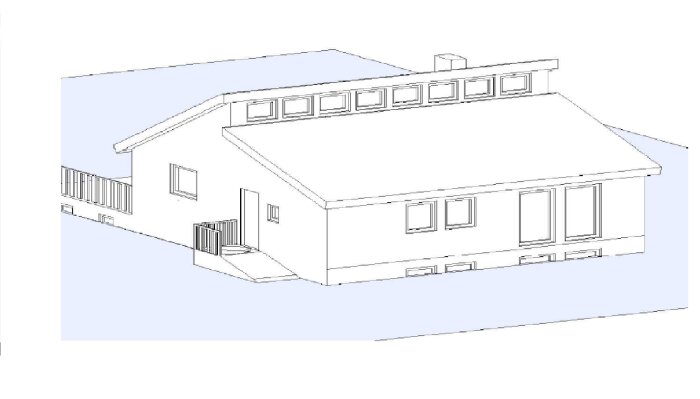 3D-ritning av ett hus, byggt i Ytong sten, med frågeställning kring hammarband och takbalkar. Huset har ett sluttande tak och flera fönster.