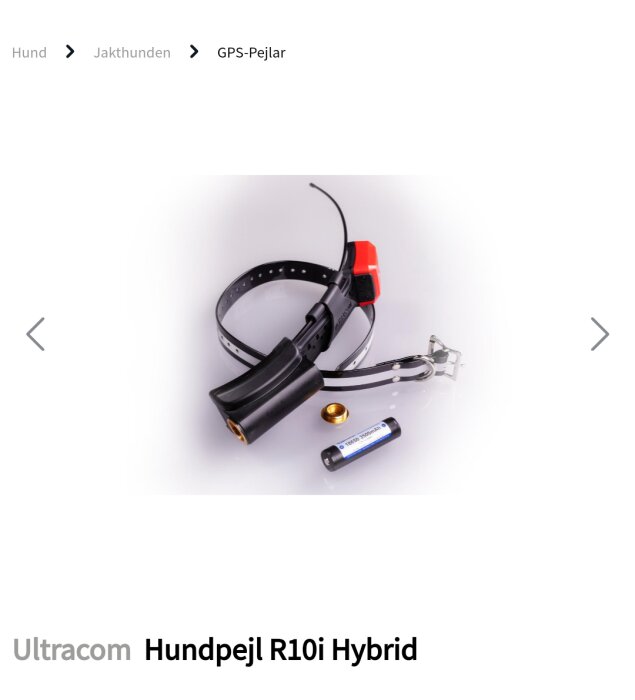 Ultracom Hundpejl R10i Hybrid, GPS-spårare för hundar, svart halsband med röd sändare, batteri och skruvar på vit bakgrund.