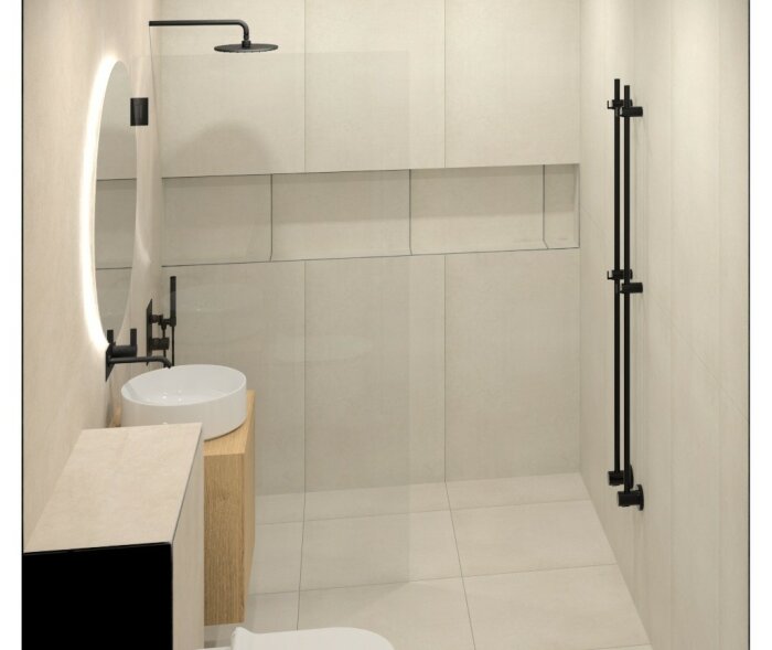 Render av en nyrenoverad badrum med klinkergolv och väggar. En duschnisch är inbyggd i väggen. Modern inredning med en rund spegel och svart duscharmatur.