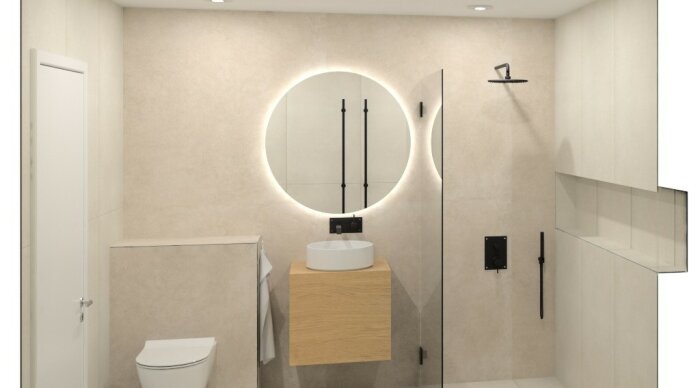 Render av ett modernt badrum med en duschzon till höger, en spegel med LED-belysning, ett trädskåp under handfatet och varma beige väggar och golv.