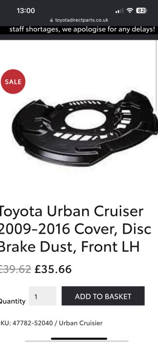 Säljeside för bromssköld till Toyota Urban Cruiser 2009-2016, nedprissatt från 39.62 till 35.66 pund.
