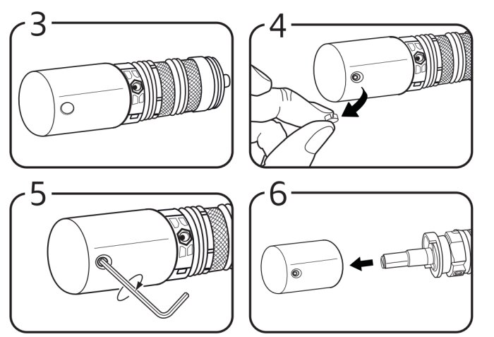 Instruktionsbild som visar stegvis demontering av en cylinderkomponent med användning av en insexnyckel för att ta bort en insexskruv (hex-skruv).