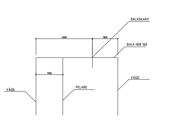Ritning av pelare, väggar och en HEB160-balk med mått, visar en balkskarv och dimensioner för pelare och väggar i byggprojekt.