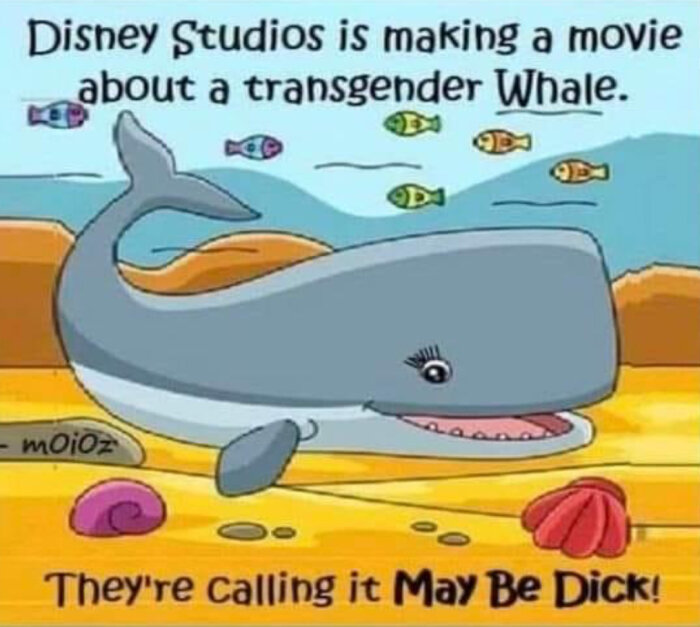 En tecknad val under vatten med tecknade fiskar och texten “Disney Studios is making a movie about a transgender Whale. They’re calling it May Be Dick!”