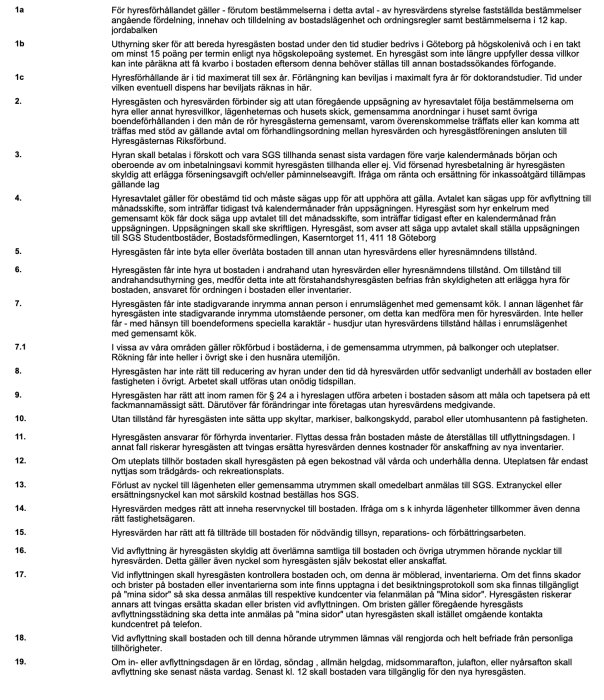 Bild av en textfil med 19 punkter som listar kontraktsbestämmelser relaterade till hyresförhållanden, in- och utflyttning, hyressättning, underhåll och rökförbud i bostadsfastigheter.