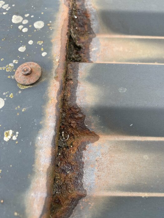 Rostskador och hål i plåttak vid nockplåten, med avflagad färg och korrosion på ytan, kräver bedömning för ommålning eller byte av tak.