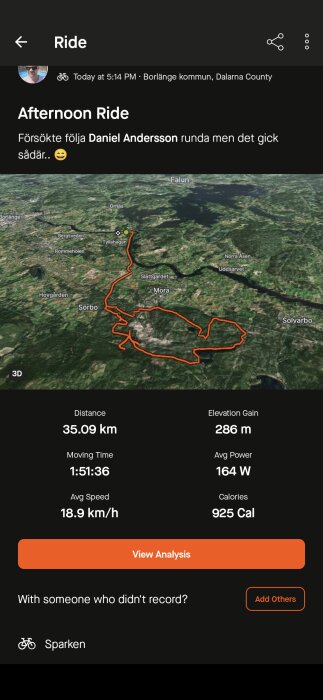 3D-karta över en cykelrundtur på 35,09 km från Tyllahagen till Sörbo via Mora, med detaljer om tid, hastighet, höjdökning, kraft och kaloriförbrukning.