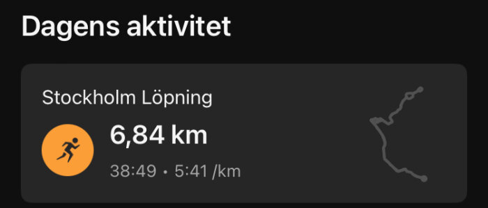 Skärmbild av en aktivitet: Löpning i Stockholm, 6,84 km, tid 38:49, tempo 5:41/km.