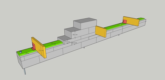 3D-modell av en väggkonstruktion med dimensioner och detaljer om fästelement för balkar. Längdmått på träregel visas och stålplattor finns under.