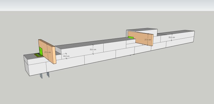 3D-modell som visar konstruktionens utformning med måttangivelser. Trä- och stålkomponenter är markerade för att fästa och stabilisera balkarna.