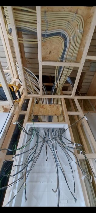 Elektriska kablar organiserade i rör bakom en träpanel i ett pågående bageriprojekt, med kablar som sträcker sig nedåt och är märkta med tejp.