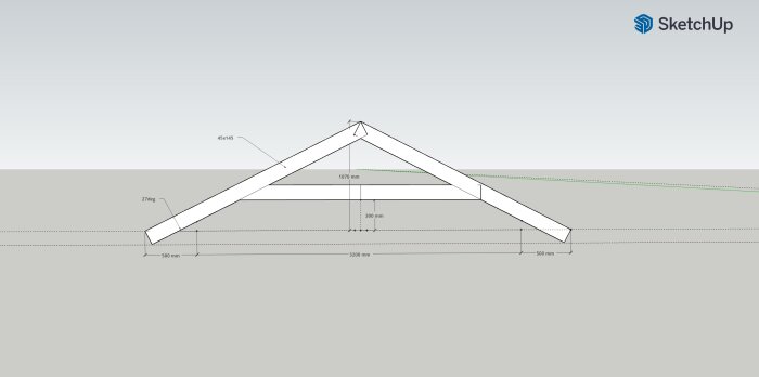 Skiss av en "A"-takstol med förhöjd hanbjälke, visande takstolens mått: 3200 mm bredd, 45x145 mm sektioner, 1070 mm höjd, 27 graders lutning och detaljerade sidomått.