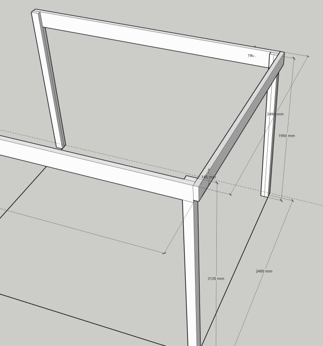 3D-skiss av ett cykelskjul som visar den främre takbalkens infästning genom urjackning i stolpen samt funderingar kring infästningen av de bakre balkarna.