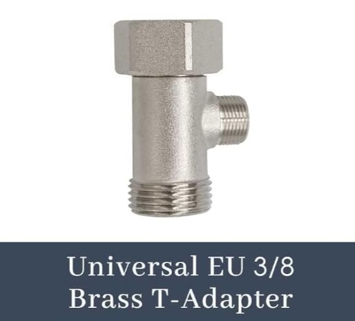 Universal mässings T-koppling i storlek EU 3/8 med texten “Universal EU 3/8 Brass T-Adapter” mot en mörkblå bakgrund.