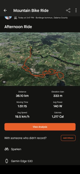 En 3D-karta över en cykelrutt i Borlänge kommun, Dalarna County. Sträckan är 36,10 km lång med en höjdökning på 333 m, en genomsnittshastighet på 19,5 km/h och brände 1 217 kcal.