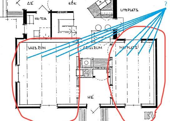 Byggnadsritning med streckade linjer som indikerar bärande element i vardagsrum, centralrum och matplats. Marken kring dessa områden är inringar i rött.