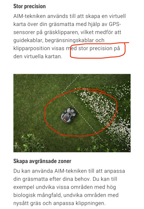 Svart robotgräsklippare klipper gräsmatta med vita blommor och har en röd cirkel runt sig, markerad med texten "stor precision".