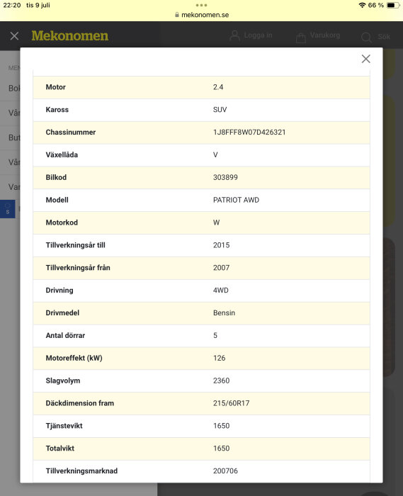 Skärmdump från Mekonomen visar fordonsuppgifter för en SUV med motor 2.4, årsmodell 2007-2015, chassinummer 1J8FFF8W07D426321, och motoreffekt 126 kW.