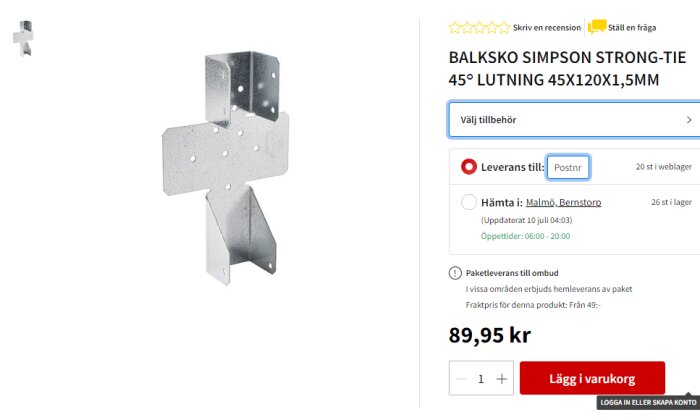 Balksko från Simpson Strong-Tie med 45 graders lutning, dimensioner 45x120x1,5 mm, används för att fästa invändiga takbalkar med vinkling.