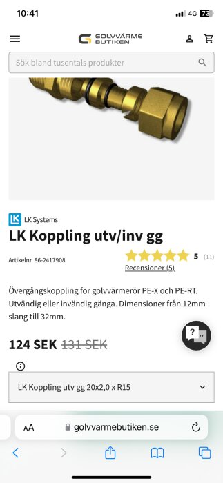 Produktbild från Golvvärmebutiken som visar en övergångskoppling från LK Systems för PE-X och PE-RT med artikelnummer 86-2417908. Priset är 124 SEK.