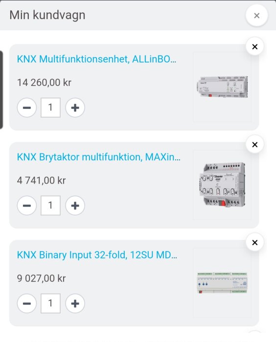 Bild av en kundvagn innehållande tre produkter: "KNX Multifunktionsenhet, ALLinBOX" för 14 260 kr, "KNX Brytaktor multifunktion, MAXinBOX" för 4 741 kr, och "KNX Binary Input 32-fold, 12SU MD" för 9 027 kr.