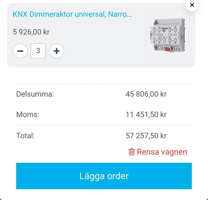 Bild av en skärmdump som visar en beställning av tre KNX Dimmeraktorer med ett listpris på 5 926,00 kr styck, samt totalsumman 57 257,50 kr inklusive moms.