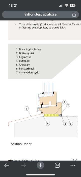 Schematisk genomskärning av fönster med delar som drevning, bottningslist, fogmassa, luftspalt, ångspärr, fönsterbleck och yttre väderskydd markerade.