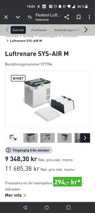 Produktbild av Festool luftrenare SYS-AIR M med reservdelar, beställningsnummer 577784, pris 9 348,30 kr exkl. moms, tillgänglig från oktober.