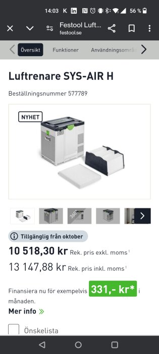 Produktbild av luftrenare SYS-AIR H från Festool med ett pris på 10 518,30 kr exkl. moms, tillgänglig från oktober, beställningsnummer 577789.