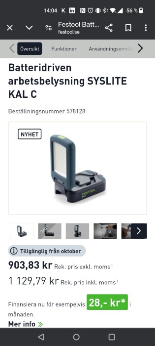 Skärmbild av en webbsida som visar Festool batteridriven arbetsbelysning SYSLite KAL C, pris 903,83 kr exkl. moms, tillgänglig från oktober.