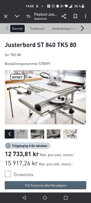 Festools justerbara arbetsbord ST 840 TKS 80 med längdmätning och prisinformation. Produkten är tillgänglig från oktober, pris 12 733,81 kr exkl. moms.