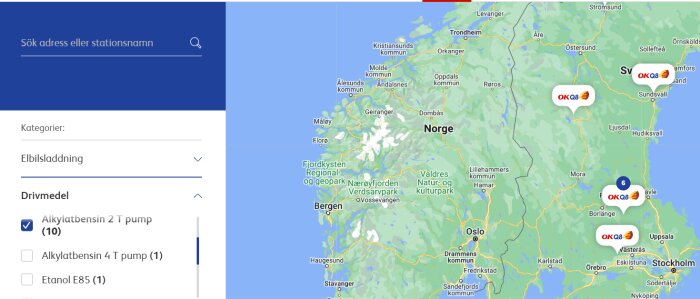 Karta av OKQ8-återförsäljare i Sverige och Norge, med markeringar för stationer som säljer alkylatbensin och andra typer av drivmedel, samt elbilsladdning.