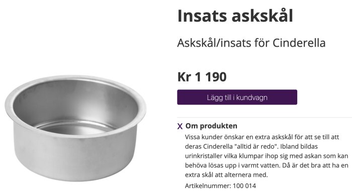 Metallaskskål för Cinderella förbränningstoalett med pris, information och köpknapp synliga.