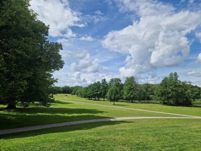 En grönskande park med öppna gräsytor och gångstigar, kantad av träd under en delvis molnig himmel.