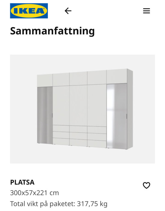 IKEA sammanfattning för Platsa garderobssystem, 300x57x221 cm, totalvikt 317,75 kg.