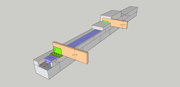 3D-ritning av en vägglösning med finbetong och armering, där mått och komponenter visas för ett byggprojekt utan organiskt material.