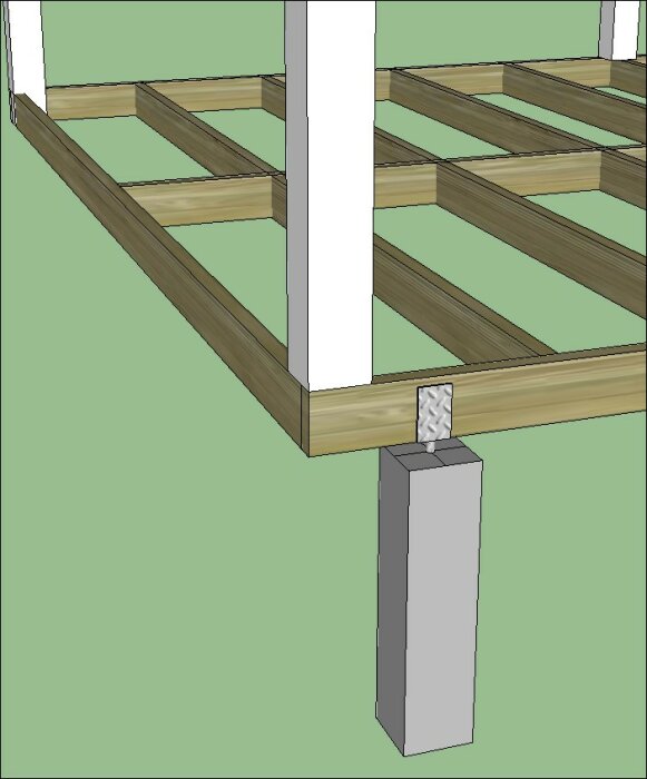 Illustration av att fästa en regel på en plint och skruva fast en stolpe på regeln i ett byggprojekt för ett uterum.