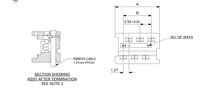 Diagram som visar dimensionerna och strukturen av en picoflex-kontakt med måtten 2,54 mm stiftintervall och en 1,27 mm bandkabel.