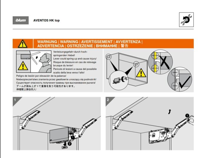 Illustration av Blum AVENTOS HK top installationsinstruktioner med en varningstext om att lyftande hävarmar kan orsaka skada, monteringsanvisningar i två steg nederst.