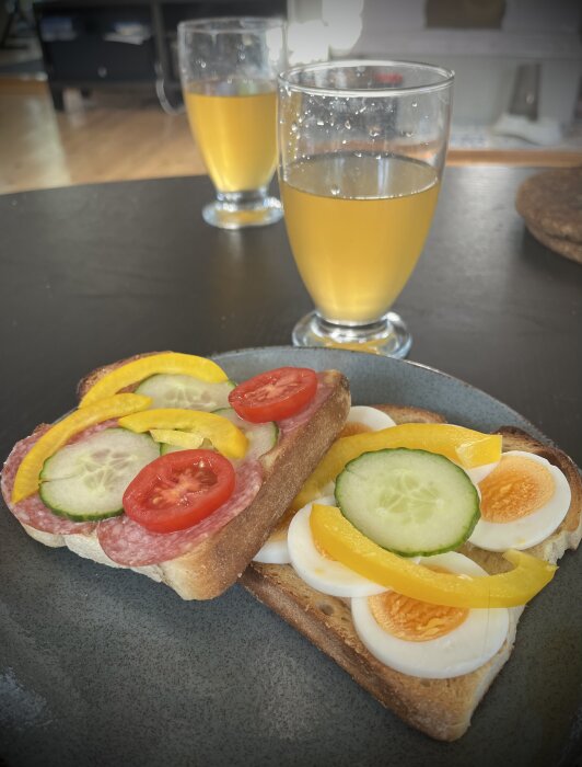 Två smörgåsar på en tallrik, en med salami, gurka, tomat, och paprika, och en med ägg, gurka och paprika. Två glas äppelmust i bakgrunden.