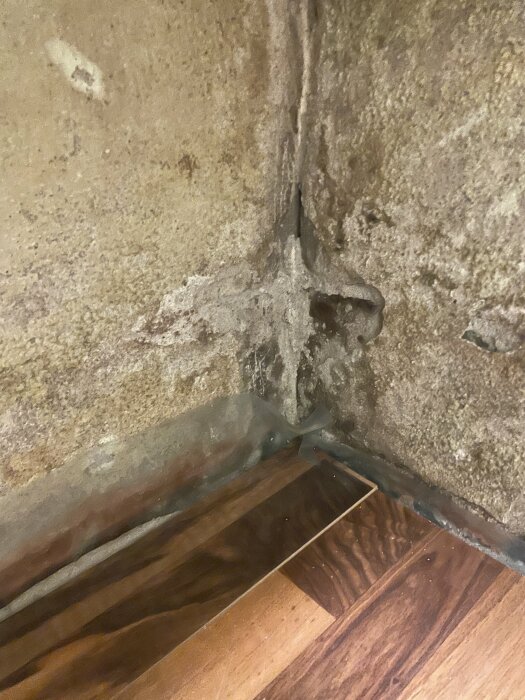 Vägg med missfärgningar och skador i ett rum på en källarvåning, golvet är av trä med en plastmatta kant.