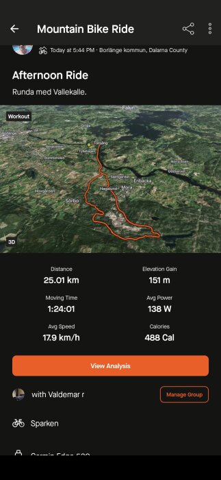 Mountainbikerunda i Borlänge, Dalarna. Karta och data: Distans 25,01 km, höjdökning 151 m, tid 1:24:01, medelhastighet 17,9 km/h, kraft 138 W, kalorier 488.