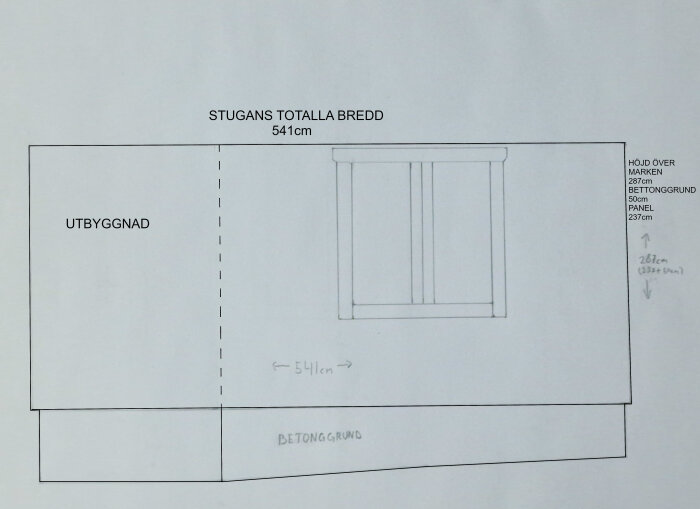 Skiss över planerad utbyggnad av en stuga i Norge. Utbyggnaden ökar stugans totala bredd till 541 cm.  Höjd över marken: 287 cm. Betonggrund: 50 cm.
