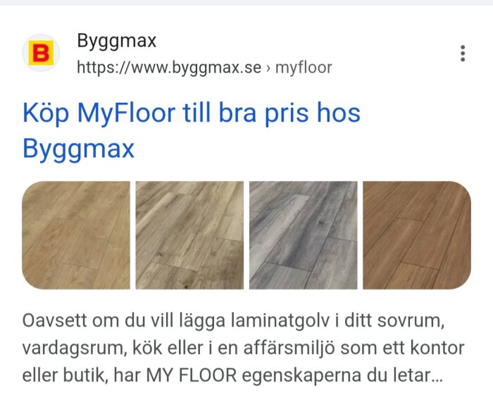 Bild av en Byggmax-annons för MyFloor-laminatgolv med bilder av tre olika laminatgolv från varumärket MyFloor.