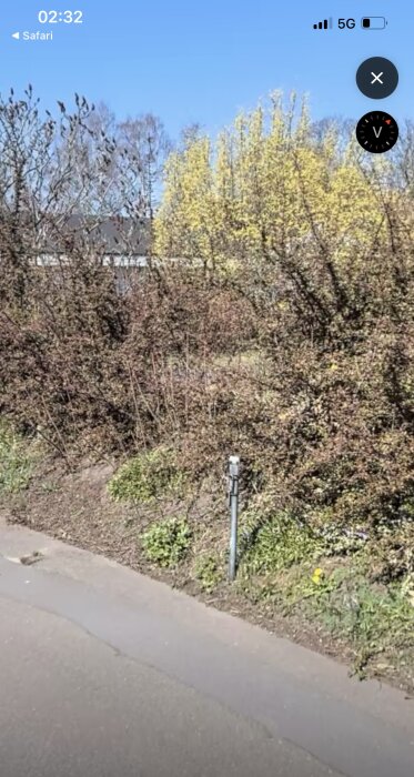 Bild av en stolpe med brunnsinformation stående mellan tomtgränsen och vägen. Tät vegetation syns i bakgrunden under en klarblå himmel.