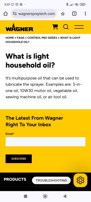 Skärmdump av en Wagner-sida som beskriver vad lätt hushållsolja är och listar exempel som 3-in-one olja, 10W30 motorolja, vegetabilisk olja, symaskinsolja och luftverktygsolja.