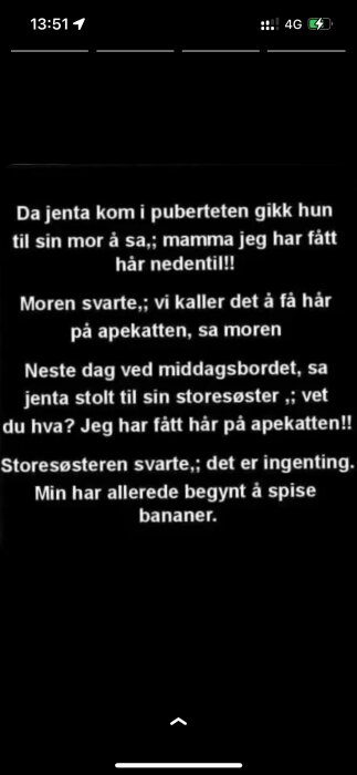 Vit text på svart bakgrund på norska om en flicka som når puberteten och skämtar med sin familj om kroppsförändringar.